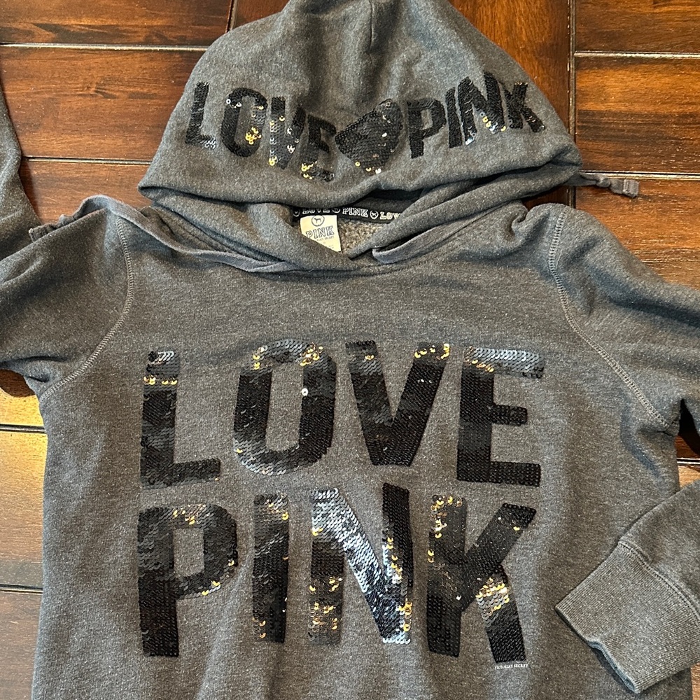 Vintage Victoria's Secret Charcoal Sequin Love Pink Hoodie